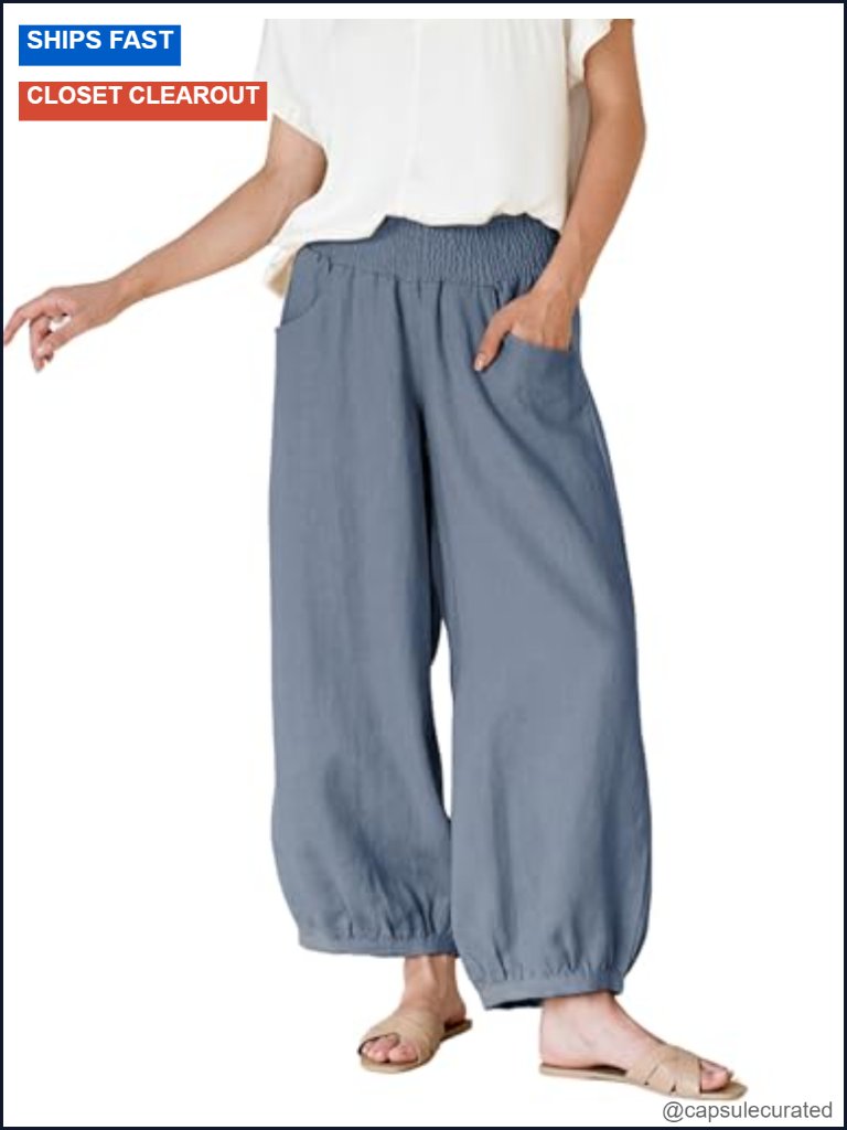 Women's Wide Leg Pants Cotton Linen Barrel Lounge Trousers With Pockets Elastic